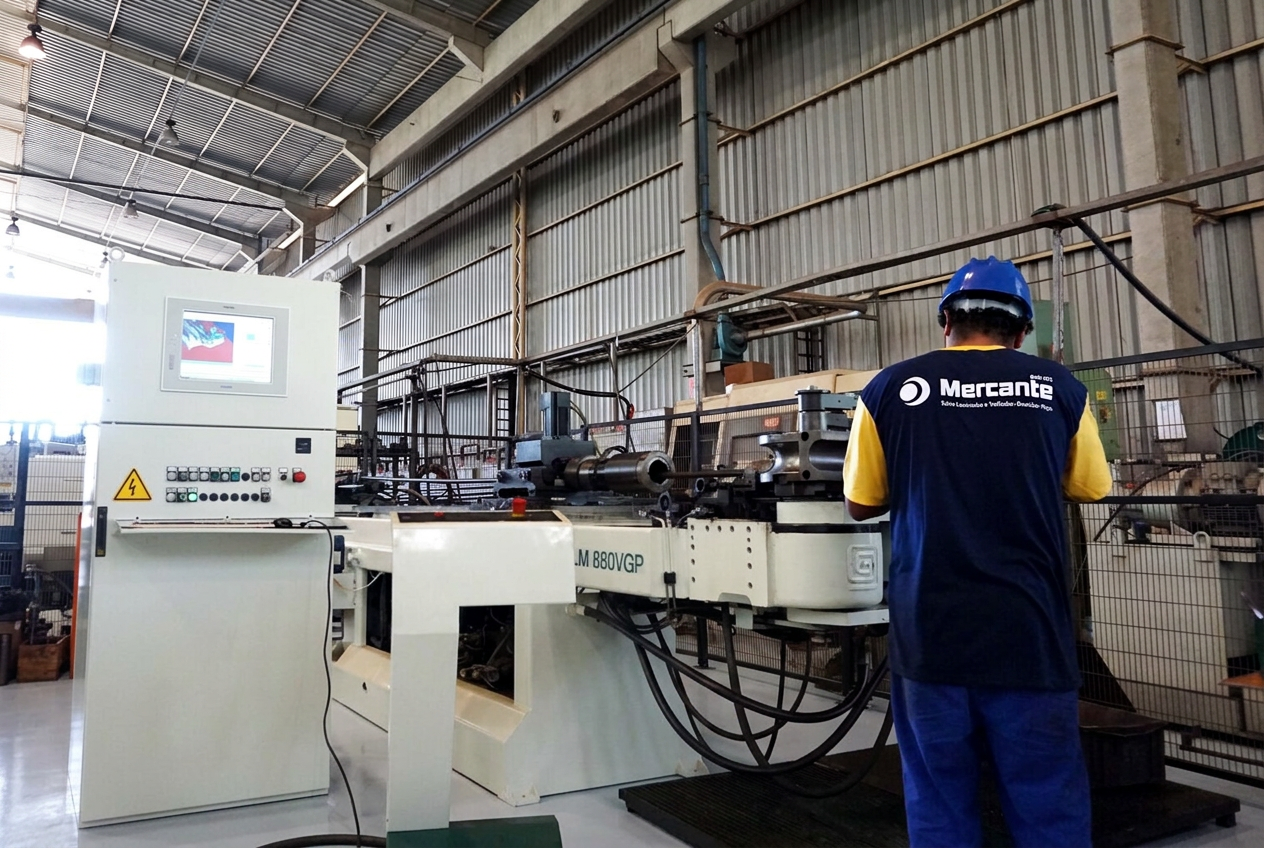 Operador da Mercante em máquina CNC de curvamento de tubos