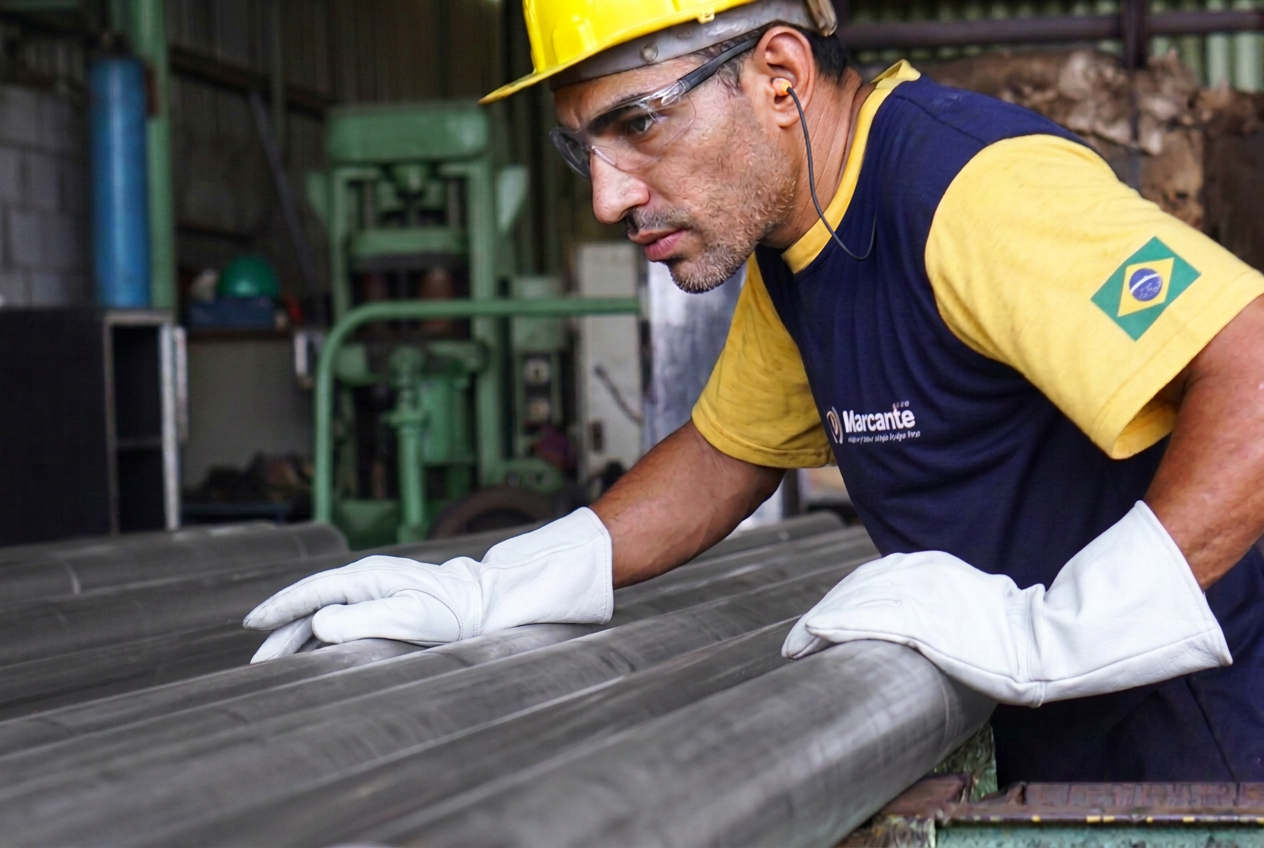 Colaborador da Mercante com capacete, protetor auricular e luvas conferindo tubos de aço na produção