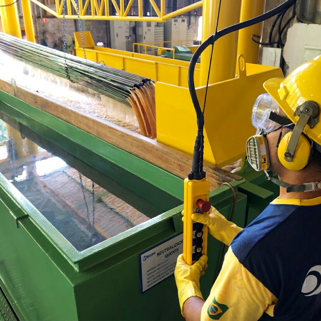 Colaborador da Mercante com capacete e protetor auricular operando equipamento da planta