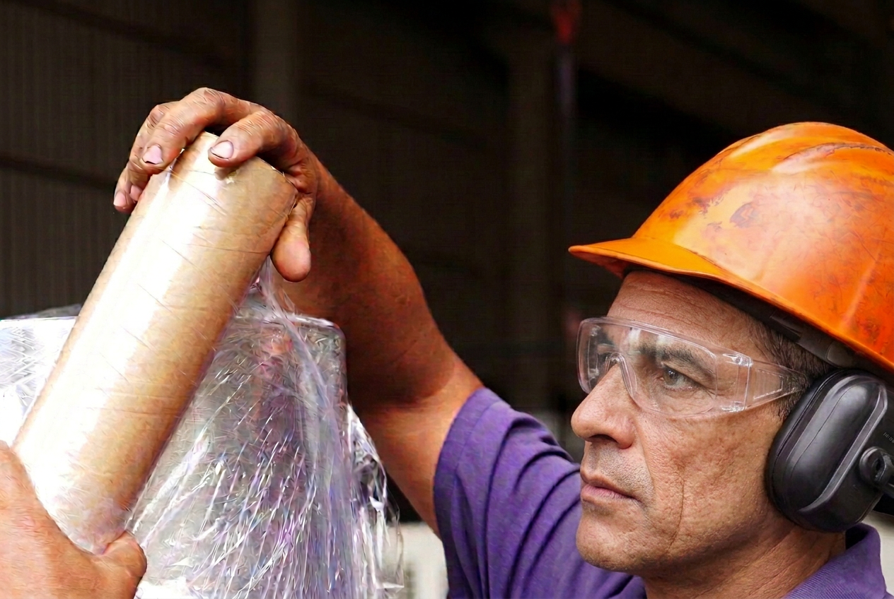 Colaborador da Mercante embalando tubos de aço na expedição